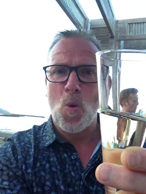 Derek drinking Greek Champagne